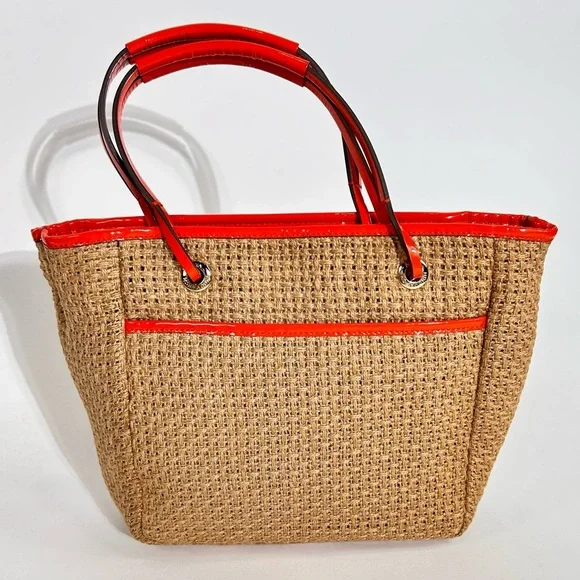 Anya Hindmarch Orange Patent Leather Trim Woven Beach Tote - Picture 4 of 13